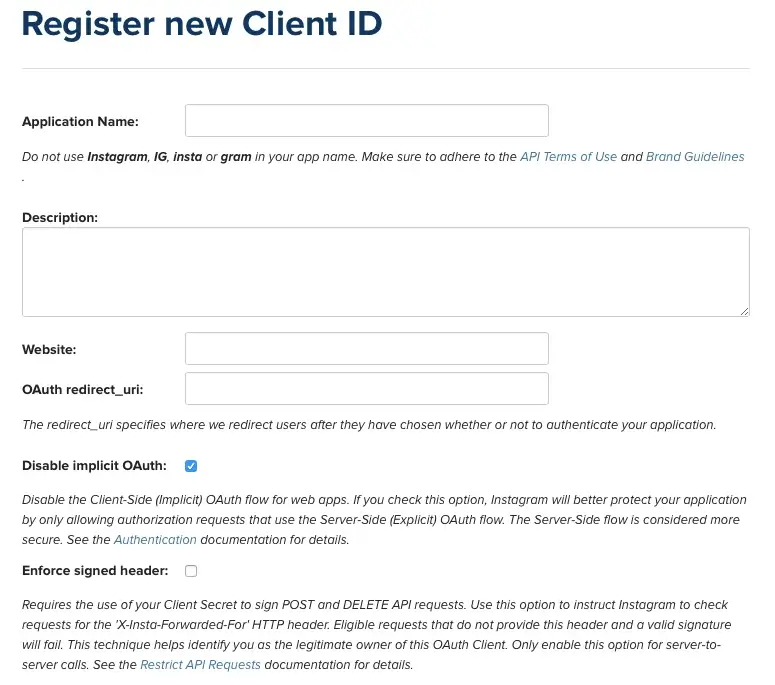 在 Instagram 上创建新应用程序